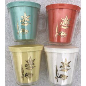 Burrite Sta-Cold Hot Double Wall Insulated Cup Mug Gold Leaf Design Cups Vtg 50s